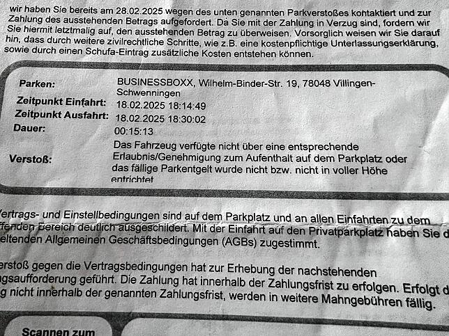 Das Schreiben der Firma Avantpark: Exakt 13 Sekunden zu lang war Peter Kerber auf dem Parkplatz.