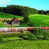 Die Schwarzwaldbahn fährt in Stockburg an dem malerischen Schwarzwaldhof vorbei. Auf der Fläche links des Hofes, wo jetzt noch ein ...