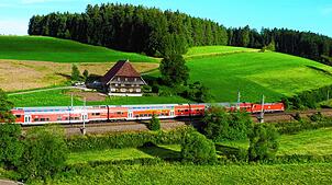 Die Schwarzwaldbahn fährt in Stockburg an dem malerischen Schwarzwaldhof vorbei. Auf der Fläche links des Hofes, wo jetzt noch ein ...