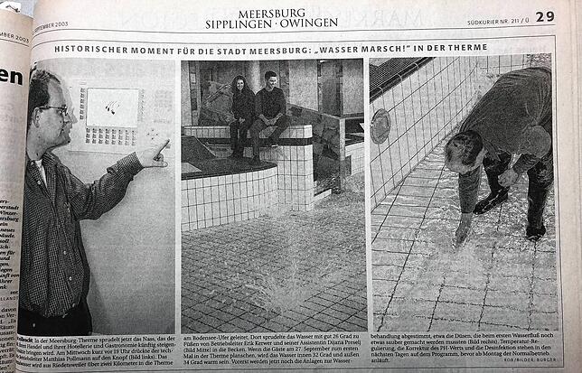 Der technische Betriebsleiter Matthias Pollmann drückt auf dem linken Foto aufs Knöpfchen: Die Becken füllen sich mit Wasser.