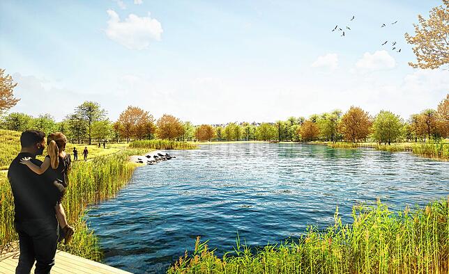 So soll der Aachsee im Aachpark aussehen. Die Blickrichtung wäre hier so, dass hinten der Bäumen rechts Dillplatz und Oberstadt liegen.