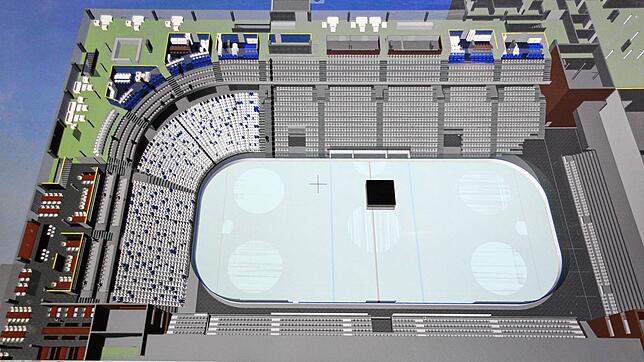 So wird die Helios-Arena im August aussehen. Der Unterrang der Gegengeraden wird zu einer Sitzplatztribüne umgebaut. Im Oberrang ...