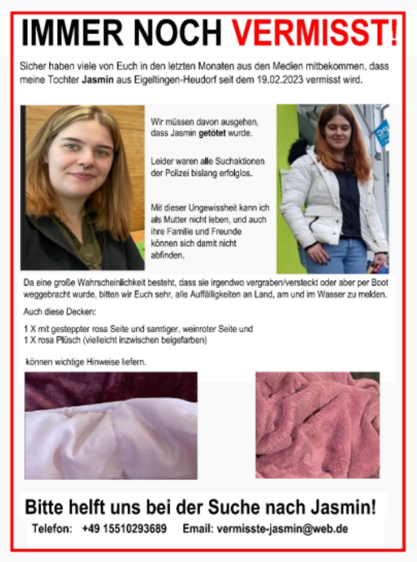 Mit diesem Plakat sucht Karen M. an vielen Orten nach ihrer Tochter Jasmin.