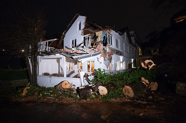 Ein zersägter Baum liegt im Treppenviertel an einem Wohnhaus, das durch einen umgekippten Baum stark beschädigt wurde.