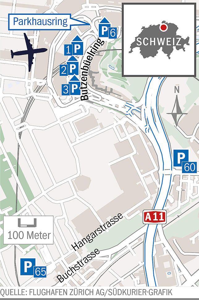 Parkhäuser am Flughafen Zürich.