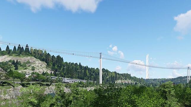 Eine Computeranimation zeigt, wie sich die geplante Hängebrücke für Fußgänger durch das Neckartal an Rottweil vorbei zum neuen ...