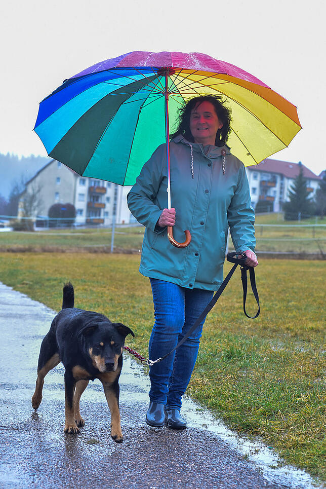 Vom schlechten Wetter nicht die Laune verderben lässt sich diese Spaziergängerin mit Hund, die mit ihrem bunten Regenschirm einen ...