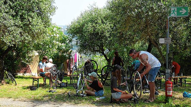 Fahrradpflege unter Olivenbäumen: Die „Tour de Lauro“ ist in Montecatini angekommen. Silvio Markewitz und einige Schüler nutzen den ...