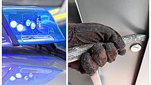 Ein Polizeiauto mit eingeschaltetem Blaulicht und ein Einbrecher bei der Arbeit (Symbolfotos). Die Polizei im Landkreis Waldshut ...