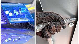 Ein Polizeiauto mit eingeschaltetem Blaulicht und ein Einbrecher bei der Arbeit (Symbolfotos). Die Polizei im Landkreis Waldshut ...