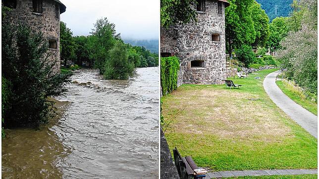 Gallusturm: Gut sieben Meter über dem Normalwert lag der Pegel des Rheins beim großen Hochwasser 1999 (links). Das Bild rechts zeigt, ...