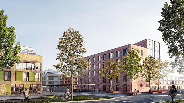 So soll die Neue Mitte von der Schlossseeallee betrachtet im Jahr 2020 aussehen: rechts das neue Rathaus, links ein Wohn- und ...