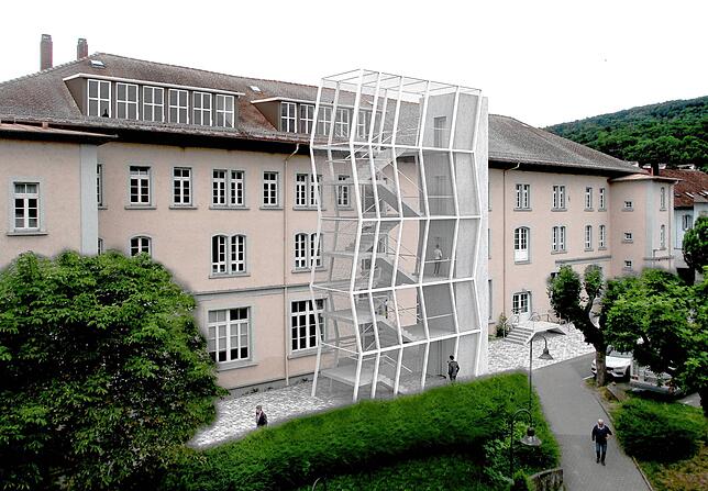 So soll später einmal die Außentreppe mit Lift an der Rückseite des Waldshuter Kornhauses aussehen.