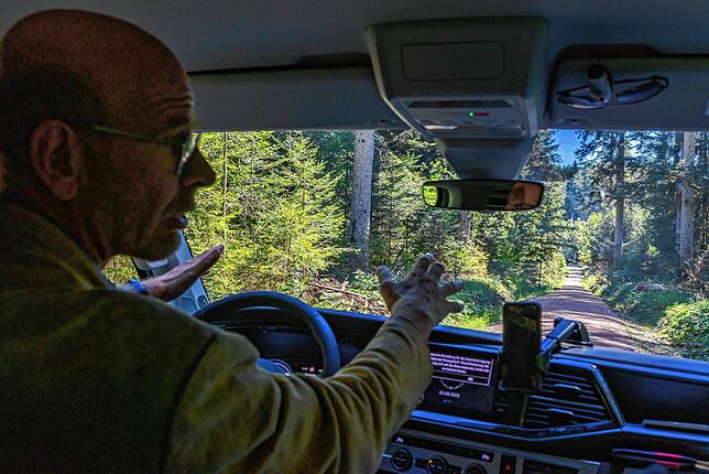 Jens Borchers fährt in seinem Auto durch den Wald und erklärt die Renovierung der Forstwege.