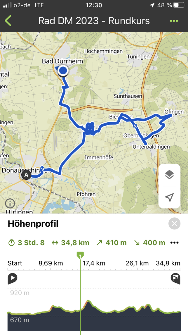 Dokumentation meines Leidenswegs: Die Navigations-App hat den Verlauf der 34,8 Kilometer aufgezeichnet. Die Anfahrt schaffe ich mit ...