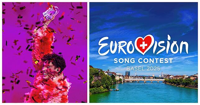 Nemo aus der Schweiz streckt bei der Siegerehrung im Finale des Eurovision Song Contest (ESC) 2024 den kaputten Pokal in die Höhe. 2025 ...