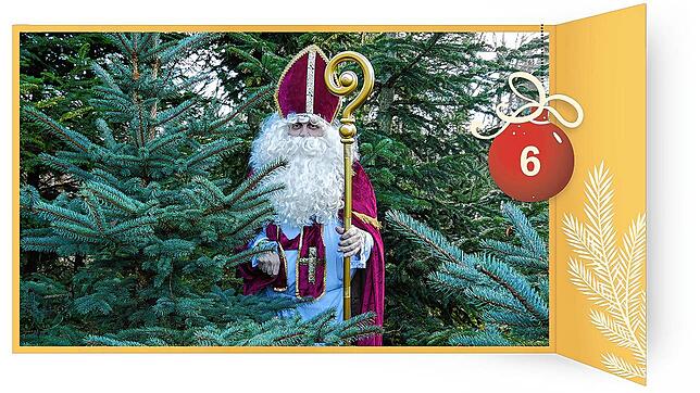 Der Nikolaus Ralf Schuhwerk inmitten vieler Weihnachtsbäume.