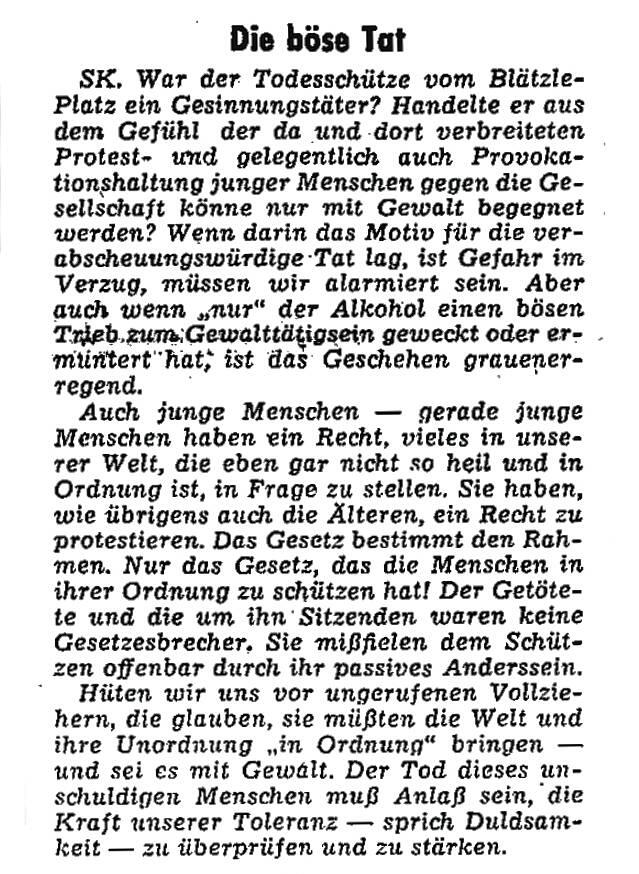 So kommentierte Günter Oberst, der damalige Leiter der Konstanzer Lokalredaktion, die Bluttat vom Blätzleplatz.