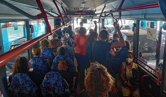 (Archivbild) Fahrgäste in einem Bus der Linie 700 während der Überfahrt mit der Autofähre.