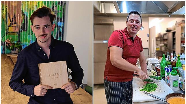 Mit Alexander Schellhammer (links) vom Singener Bistro Zwölfe und Sven Saur vom Engener Restaurant Hegaublick berichten zwei ...