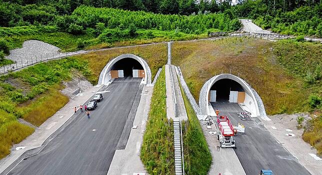 Die beiden Röhren des Herrschaftsbucktunnel. Zu sehen ist das Ostportal.