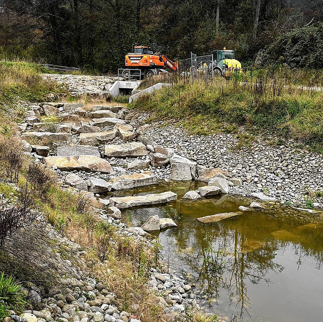 Die Fischtreppe ermöglicht es Fischen wie Elritze oder Alet gegen den Strom flussaufwärts zu schwimmen. Der neue Bachverlauf ist steiler ...