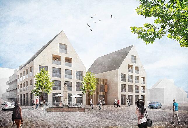 So sieht die Planung für die neue Wollmatinger Ortsmitte aus, wo heute auf der rechten Seite noch der Gasthof Linde steht.