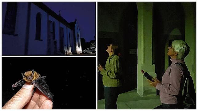 Auf der Lauer: Alexandra Sproll und Lucia Fuchs (linkes Bild von links) streifen um die Herz-Jesu Kirche in Zizenhausen (rechts oben), ...