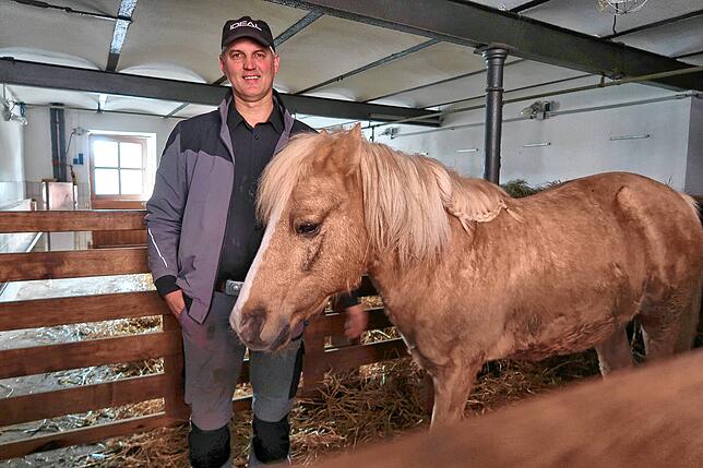 Pony im Rentenalter: Bauernhof-Chef Guido Pusch mit Keks.