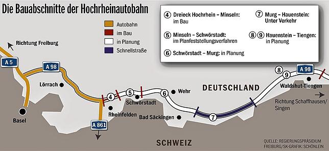 Bild 1: Die A98-Zeitpläne sollen trotz Corona eingehalten werden: Der aktuelle Stand der Autobahnabschnitte 4 bis 9 im Überblick