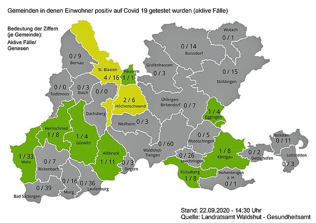 Zahl der Sars-CoV-2-Infektionen und Genesenen in den Städten und Gemeinden im Landkreis Waldshut am 22. September 2020.