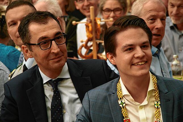 Cem Özdemir (li) und Tengens ehemaliger Bürgermeister Marian Schreier 2019 bei der Mittelstandskundgebung auf dem Tengener Schätzele-Markt.