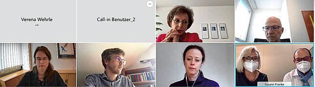 Pressegespräch online: oben: Landrätin Marion Dammann, Dr. Bernhard Hoch, unten: Dr. Katharina von der Hardt, Torben Pahl, Marion ...