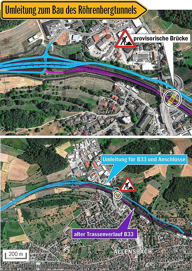 Nördlich der aktuellen B33 werden die Autofahrer während des Tunnelbaus umgeleitet. Für die Verbindung des Kernorts mit dem ...