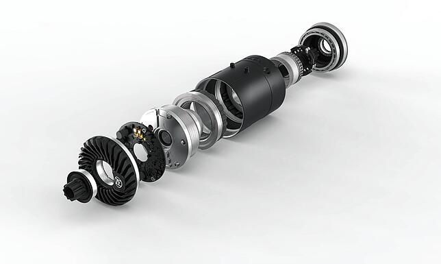 Der neue ZF-Centrix-Motor für E-Fahrräder in seine Einzelteile zerlegt. Mit einem Drehmoment von 90 Newtonmetern bringt er mehr Kraft ...