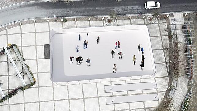 Die Visualisierung zeigt die geplante Eislauffläche auf dem Waldshuter Viehmarktplatz. Neben den Eisstockbahnen (im Bild unten rechts) ...
