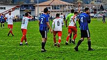 Die Spieler des FC Bodmann-Ludwigshafen (rot-weiße Trikots) können es nicht fassen: Der vermeintliche Ausgleich durch Mohamad Alsafra ...