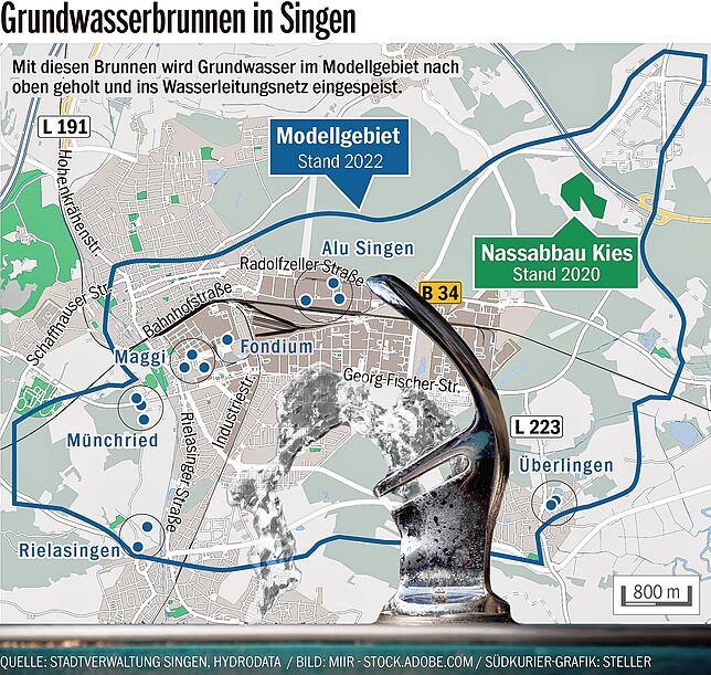 Für diesen Bereich wurde das neue Strömungsmodell für das Grundwasser erstellt. Die Grafik zeigt die Brunnen, die das Grundwasser im ...