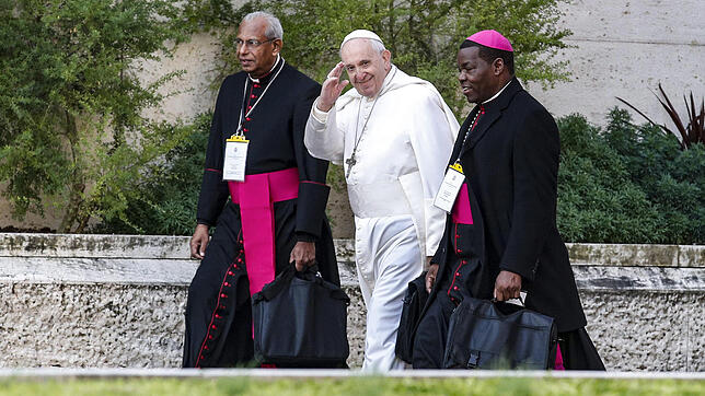 Papst Franziskus (Mitte) geht mit zwei Bischöfen durch die Vatikanstadt.