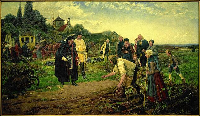 Ein aufgeklärter Herrscher wie Friedrich II. von Preußen (1712-1786) steht nicht nur auf dem Schlachtfeld, sondern auch bei den Bauern ...
