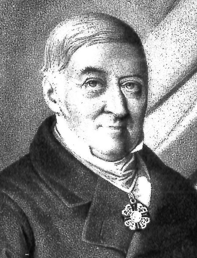 Philipp Merian in einem Porträt aus dem Urkundenbuch von 1849 mit dem Testament Merians.