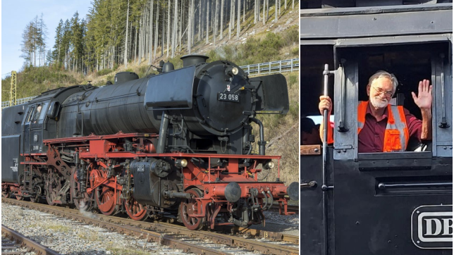 Die Dampf-Lokomotive 23 058, die auf Höhe Uhldingen-Mühlhofen von Metallgegenständen beschädigt wurde. Rechts: Gerd Hilligardt, ...