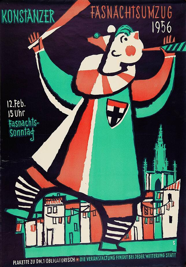 Plakat zum Konstanzer Fasnachts-Umzug 1956 von Hans Sauerbruch, der auch für seine Graffiti bekannt war.