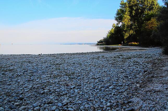 Wer baden will, muss weitere Wege gehen: Das Wasser hat sich zurückgezogen. Hier ein Bild vom Ufer in Konstanz-Staad.
