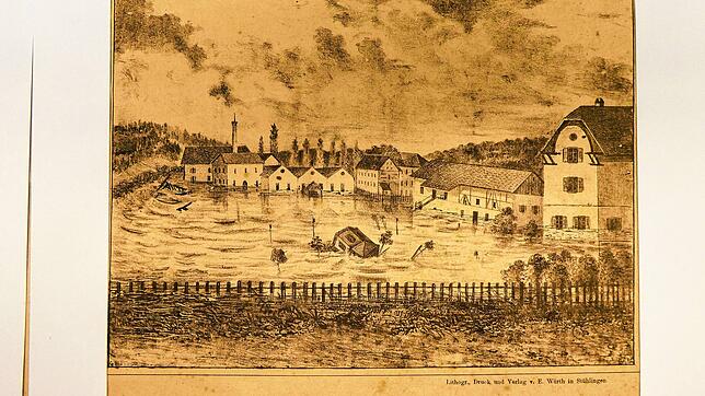 Reproduktion der Lithographie von Emil Würth aus dem Besitz des Schleitheimer Vereins für Heimatkunde: &bdquo;Ansicht vom Hochwasser der ...