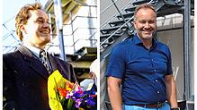 Bürgermeister Matthias Weckbach links im Jahr 1999 und rechts 2022, jeweils vor dem Zollhaus in Bodman-Ludwigshafen.