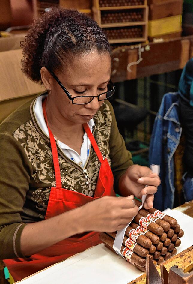 In einer Zigarrenfabrik in Kuba bündelt eine Mitarbeiterin handgerollte Habanos, die danach in einer Holzkiste verpackt werden.