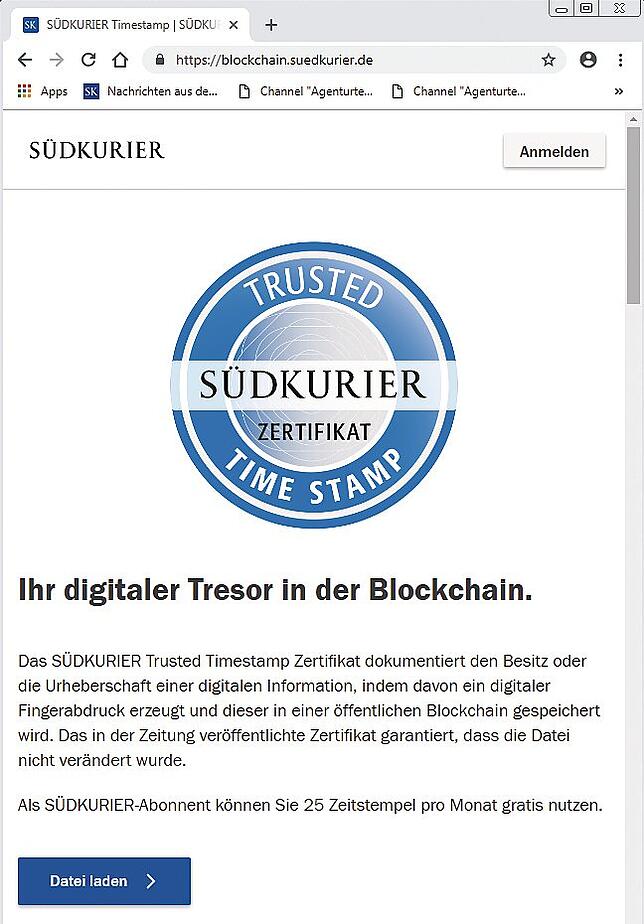 Bild 1: Der SÜDKURIER geht in die Blockchain: So leicht nutzen Sie die Vorteile unseres neuen Zeitstempels