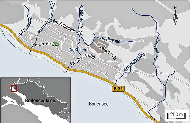 Die Bachläufe in Sipplingen. Vor allem der Hörnlebach, der Gießbach und der Sulzbach gelten als neuralgische Punkte bei ...