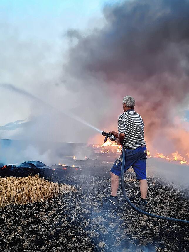 Harald Zolg griff noch vor der Feuerwehr beherzt zum Schlauch, um den Brand auf seinem Weizenfeld zu löschen. Bild: Johanna Zolg